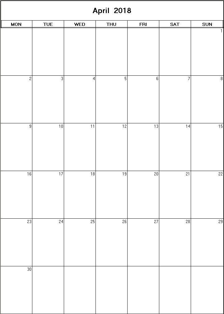 printable blank calendar image for April 2018
