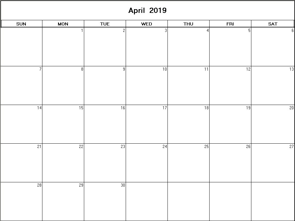 printable blank calendar image for April 2019