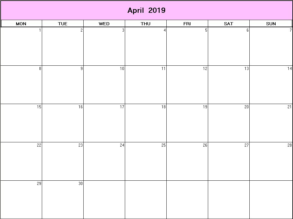printable blank calendar image for April 2019