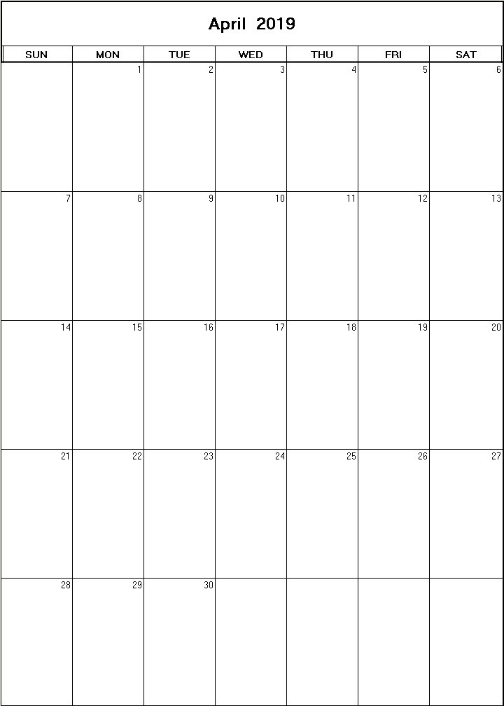 printable blank calendar image for April 2019