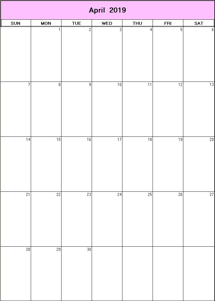 printable blank calendar image for April 2019