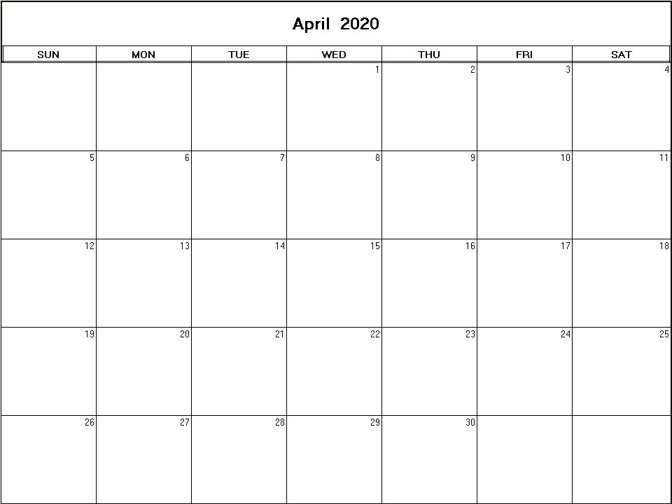 printable blank calendar image for April 2020