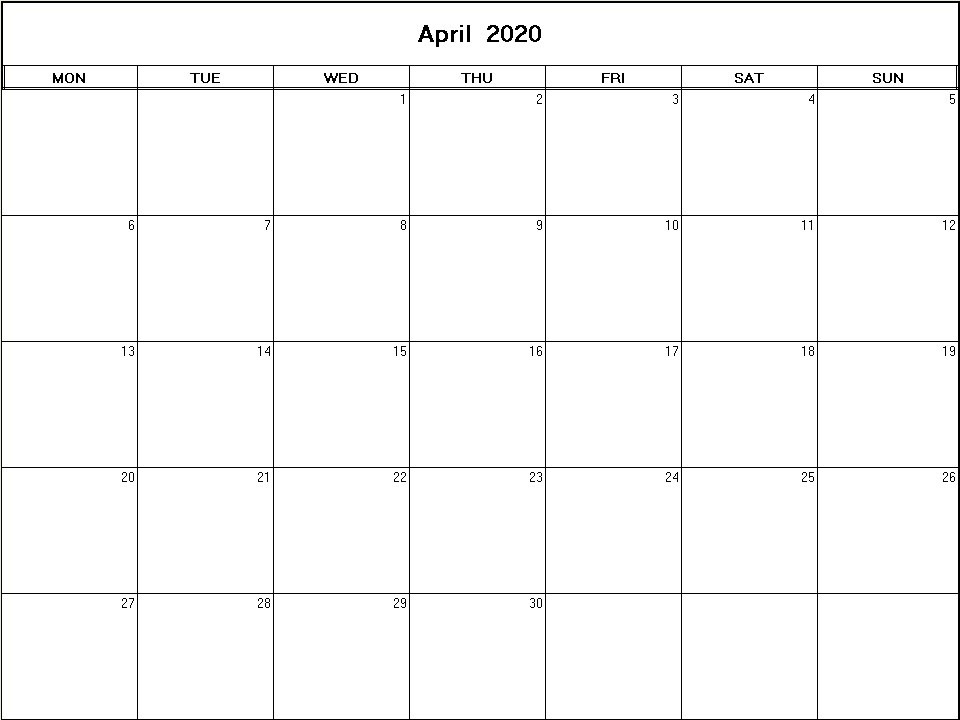printable blank calendar image for April 2020