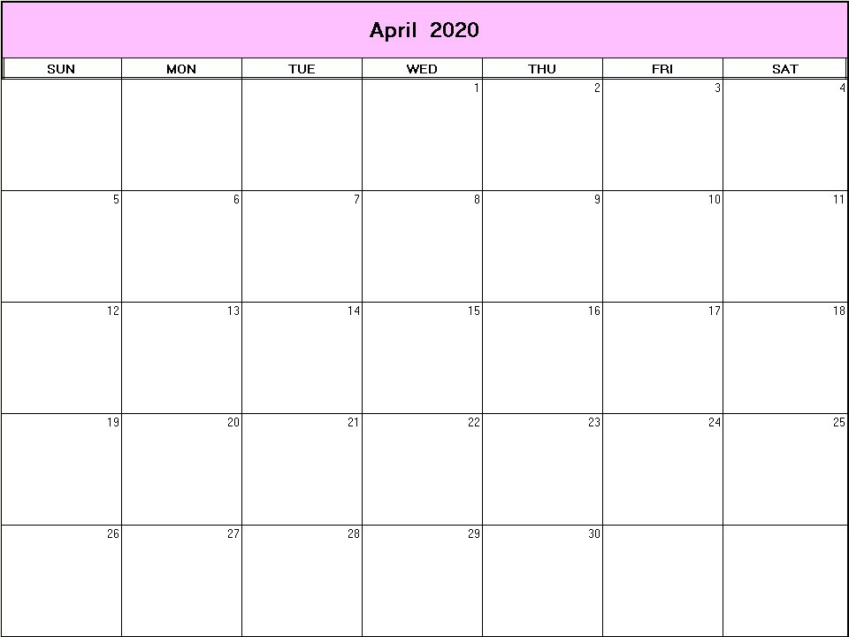 printable blank calendar image for April 2020