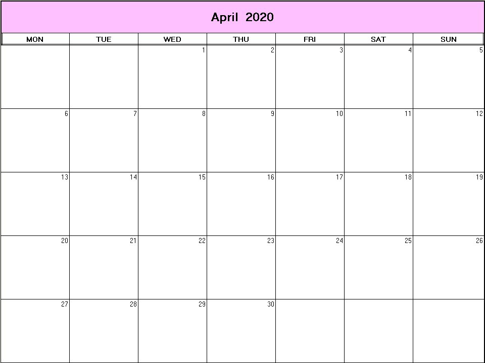 printable blank calendar image for April 2020