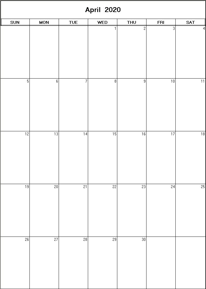 printable blank calendar image for April 2020