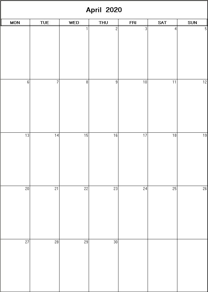 printable blank calendar image for April 2020