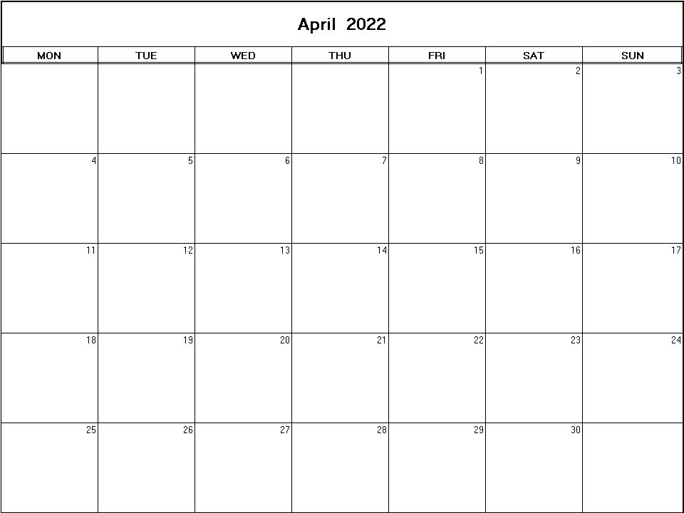 printable blank calendar image for April 2022