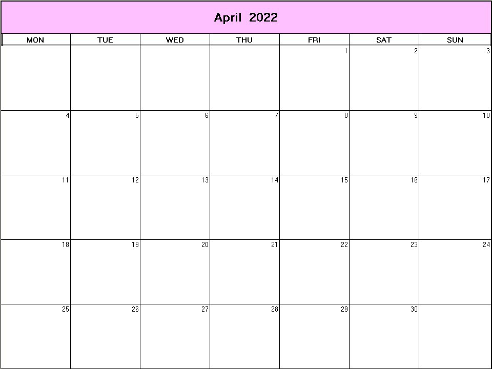 printable blank calendar image for April 2022