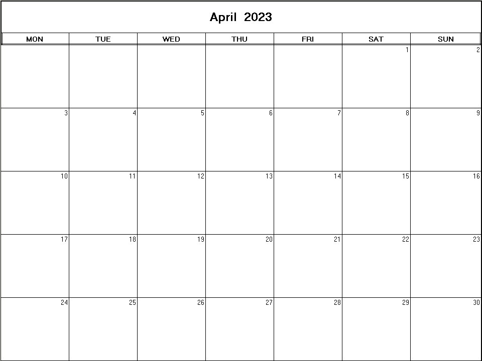 printable blank calendar image for April 2023