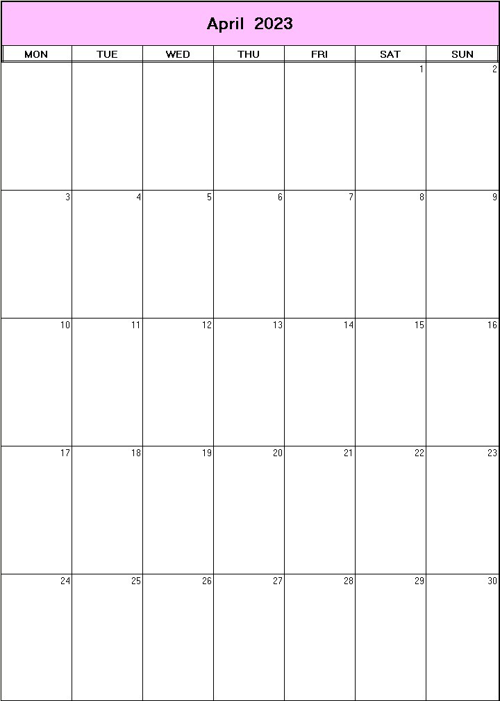 printable blank calendar image for April 2023