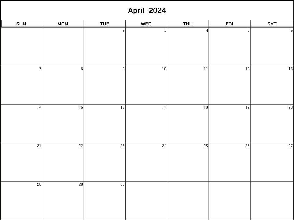 printable blank calendar image for April 2024