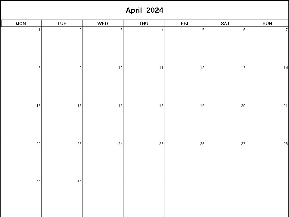 printable blank calendar image for April 2024