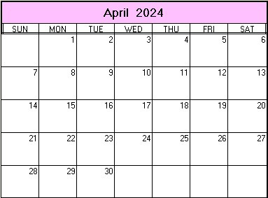 printable blank calendar image for April 2024