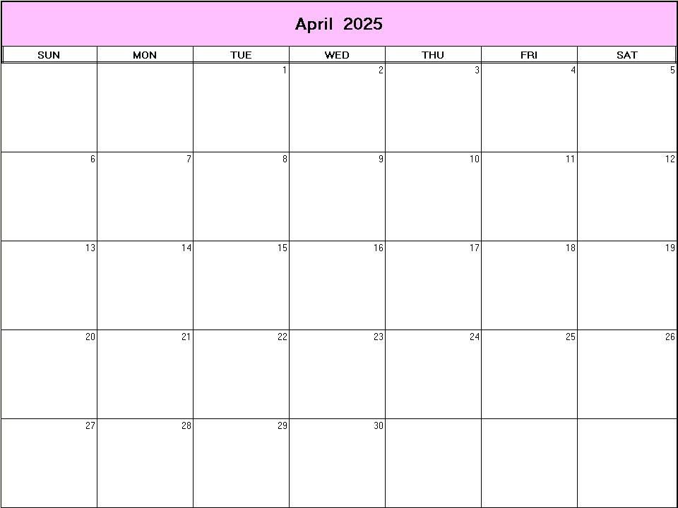 printable blank calendar image for April 2025