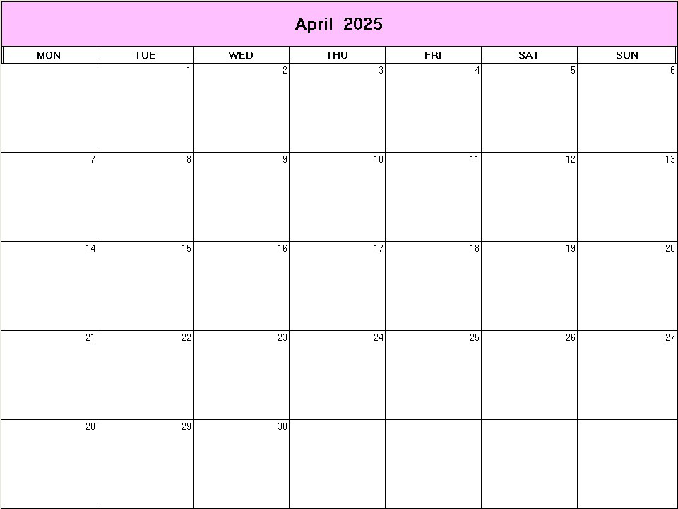 printable blank calendar image for April 2025