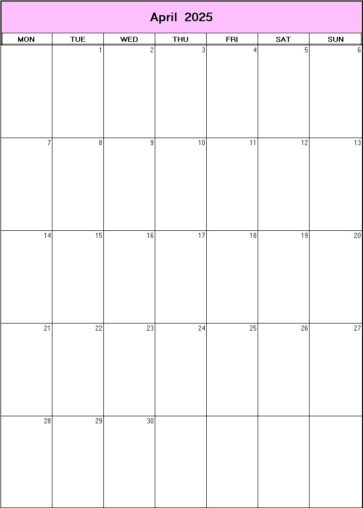 printable blank calendar image for April 2025