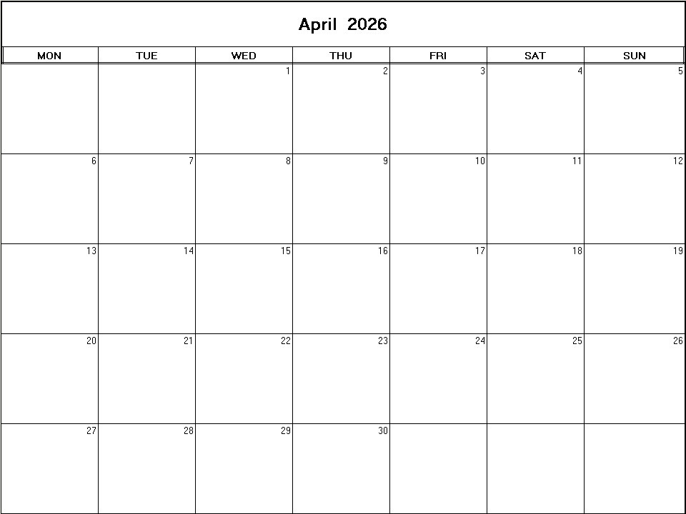 printable blank calendar image for April 2026