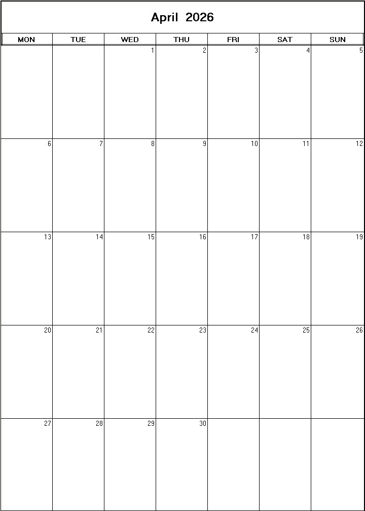 printable blank calendar image for April 2026