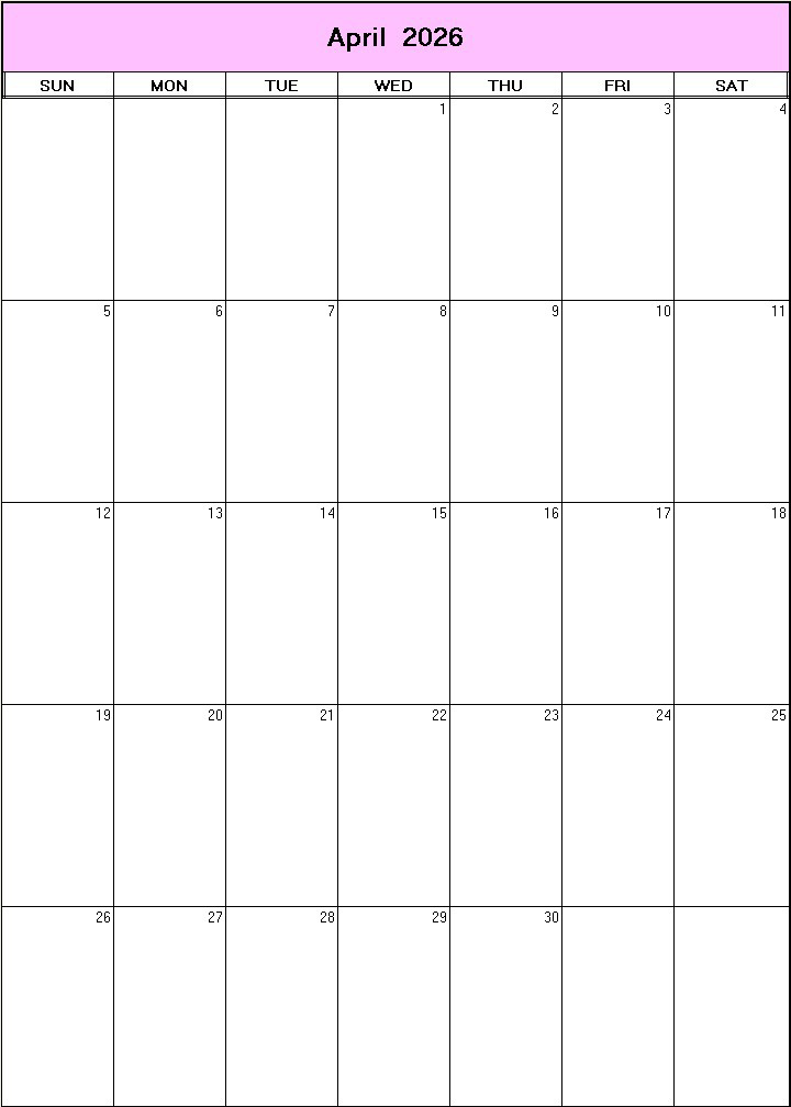 printable blank calendar image for April 2026