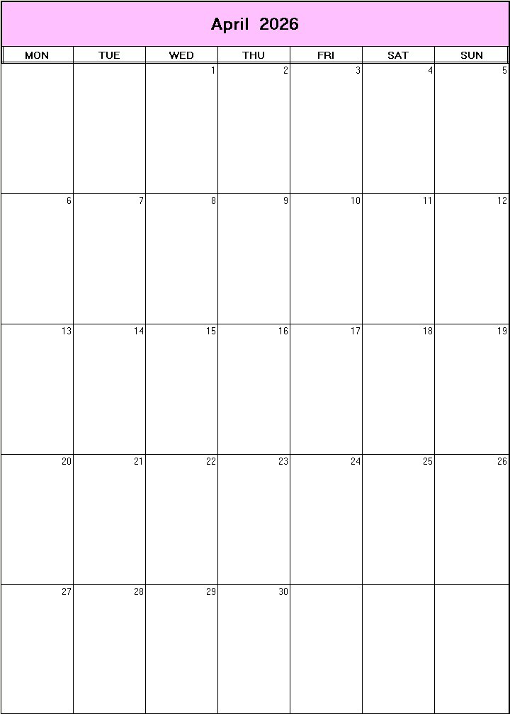 printable blank calendar image for April 2026