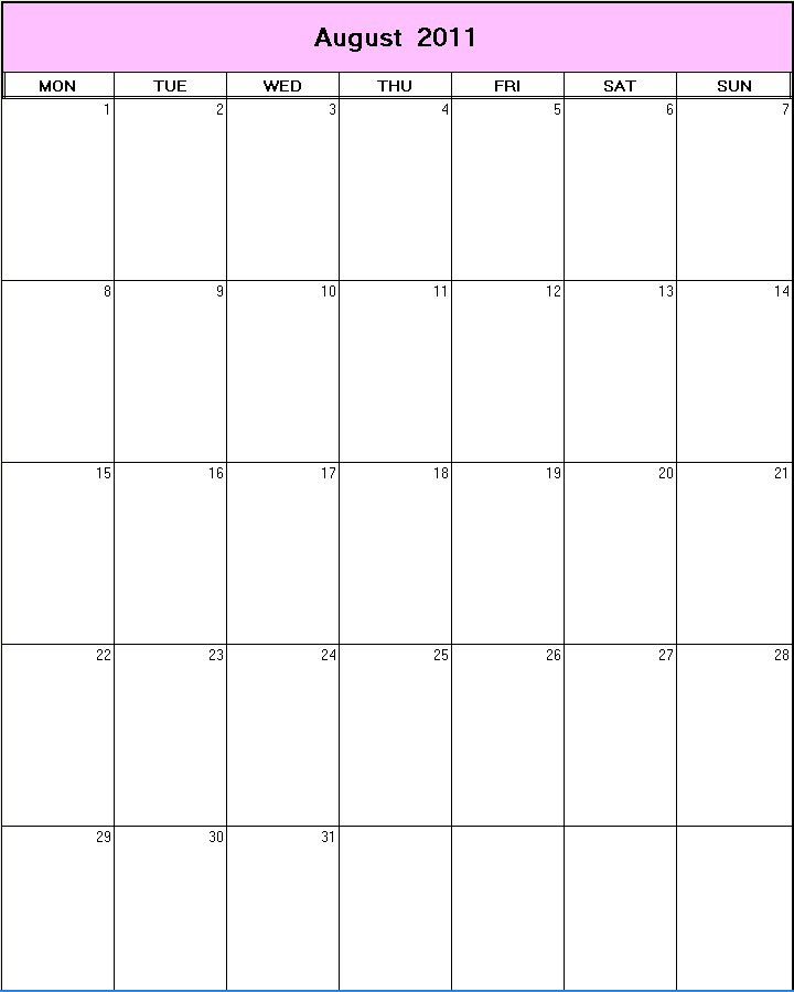 printable blank calendar image for August 2011