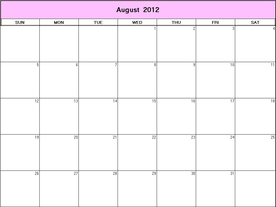 printable blank calendar image for August 2012