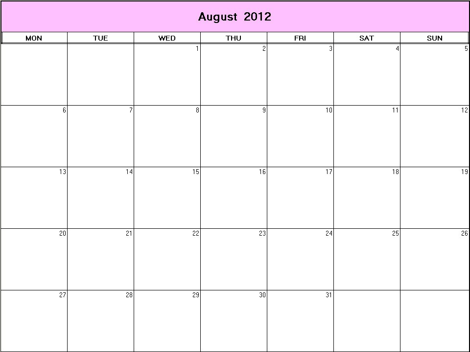 printable blank calendar image for August 2012