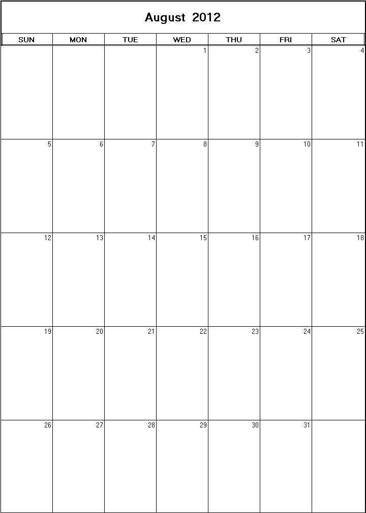 printable blank calendar image for August 2012