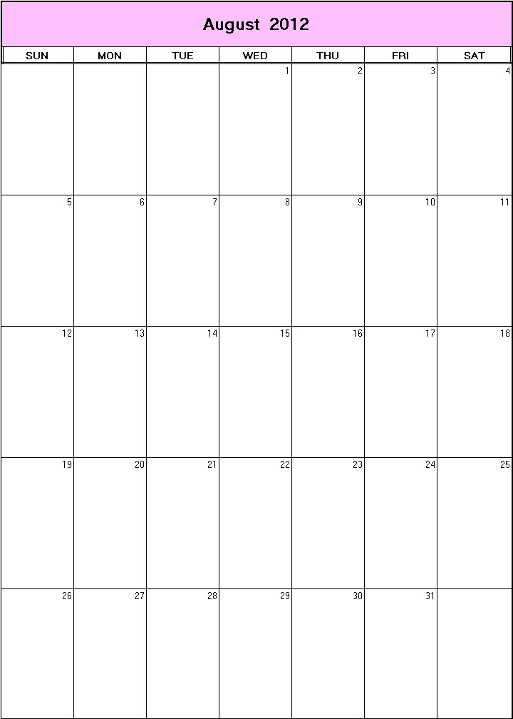 printable blank calendar image for August 2012