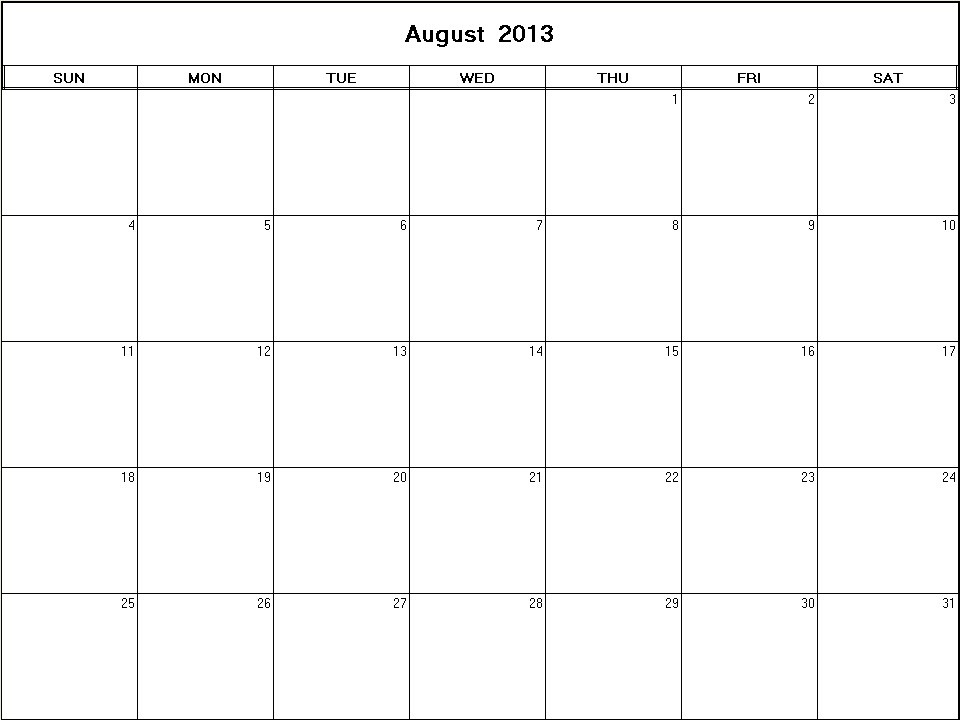 printable blank calendar image for August 2013