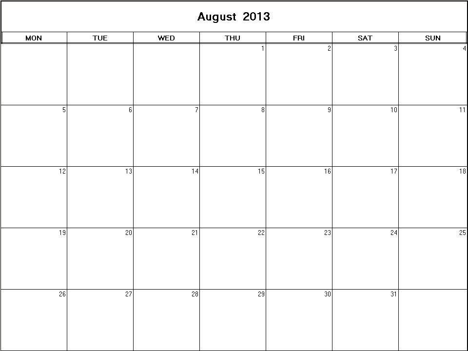 printable blank calendar image for August 2013