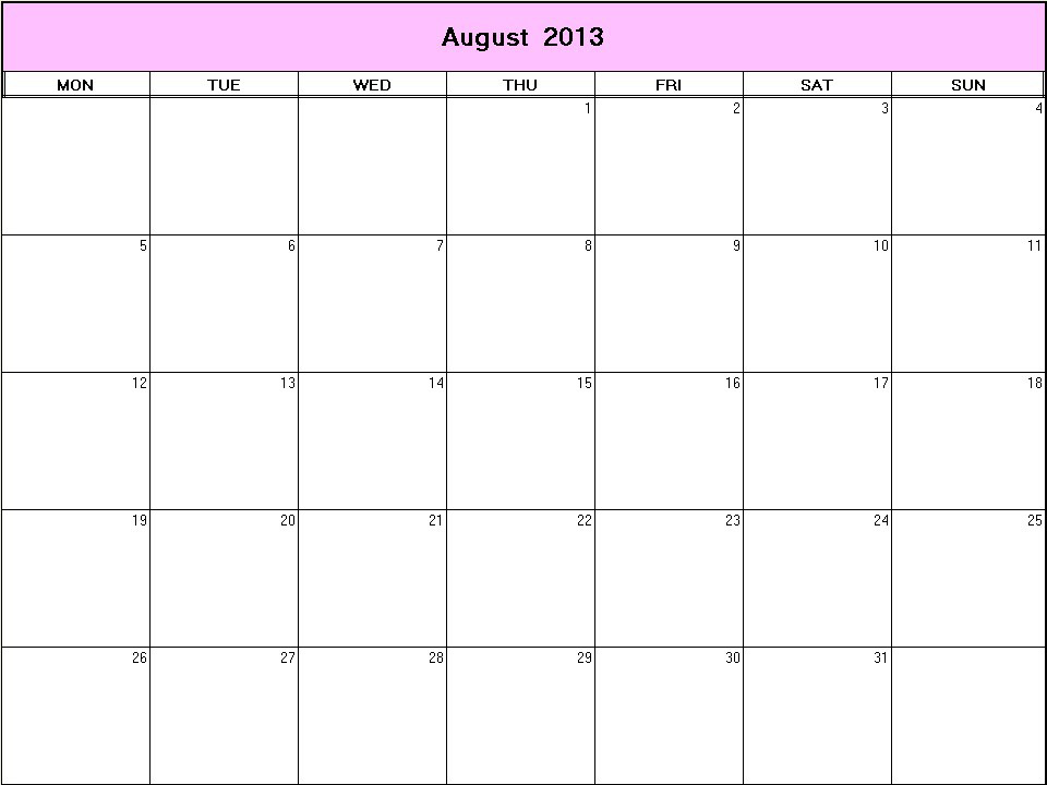 printable blank calendar image for August 2013