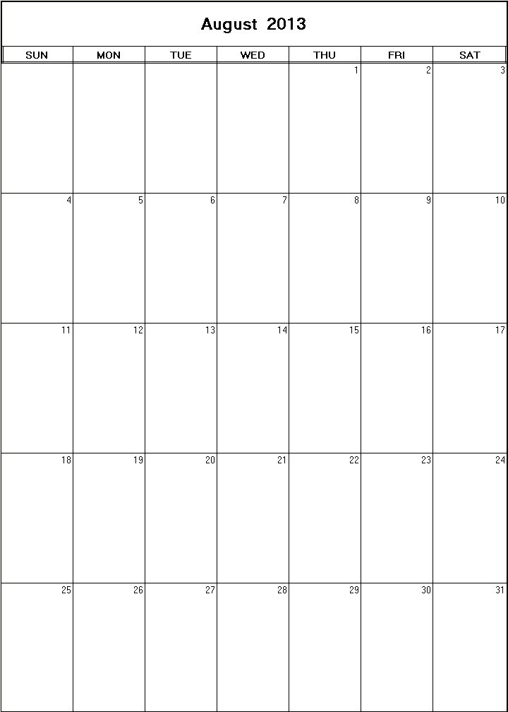 printable blank calendar image for August 2013