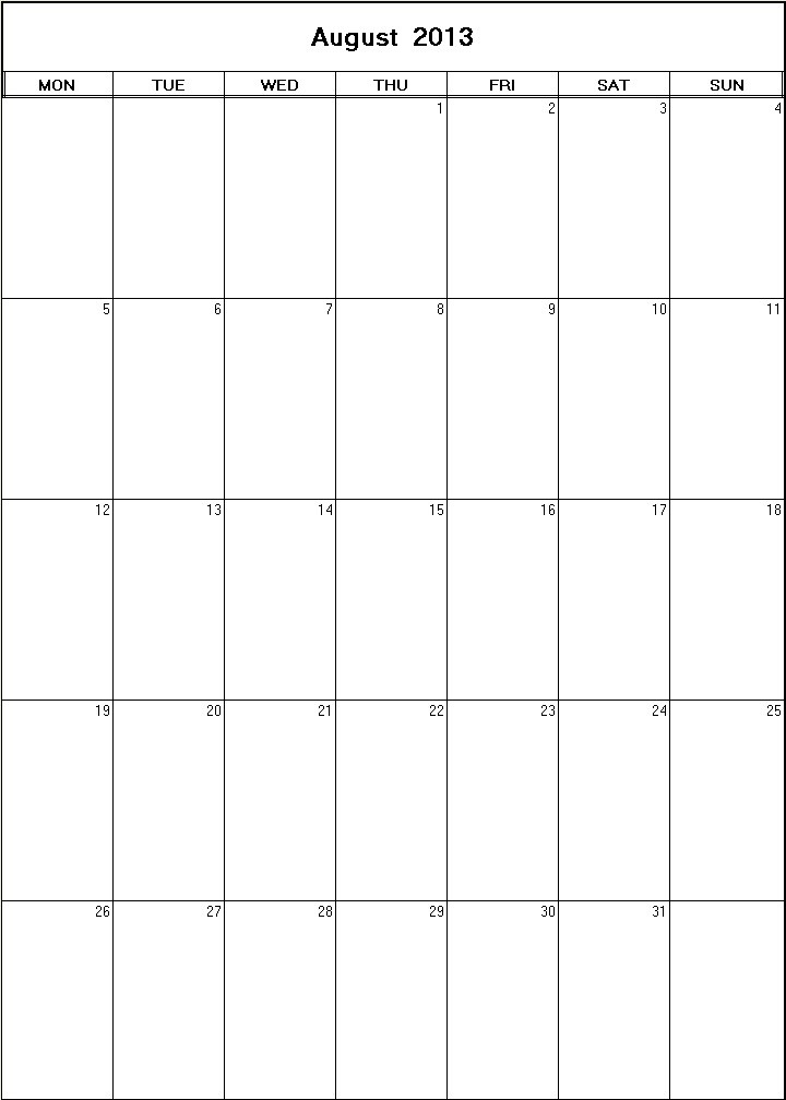 printable blank calendar image for August 2013