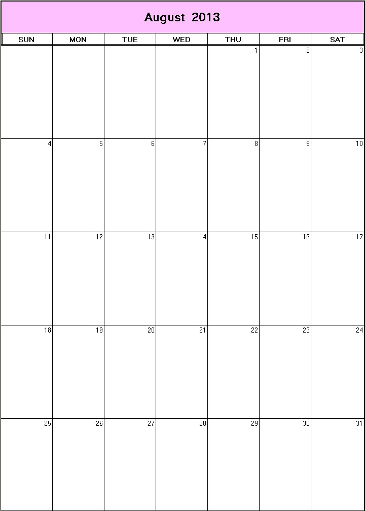 printable blank calendar image for August 2013