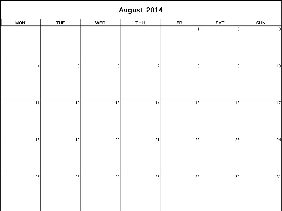 printable blank calendar image for August 2014