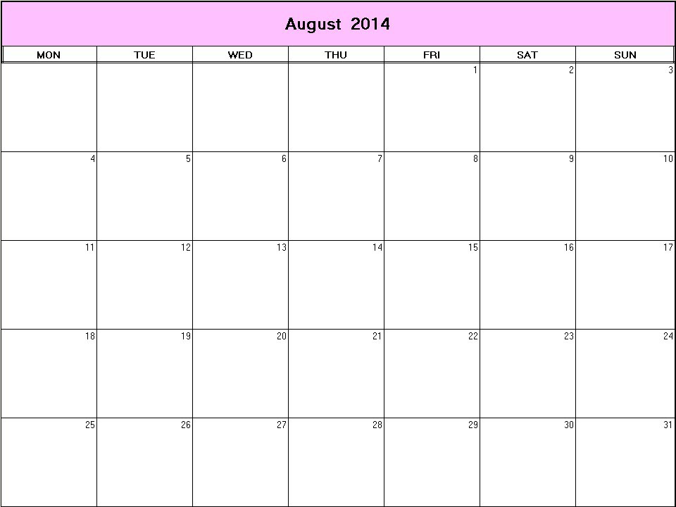 printable blank calendar image for August 2014