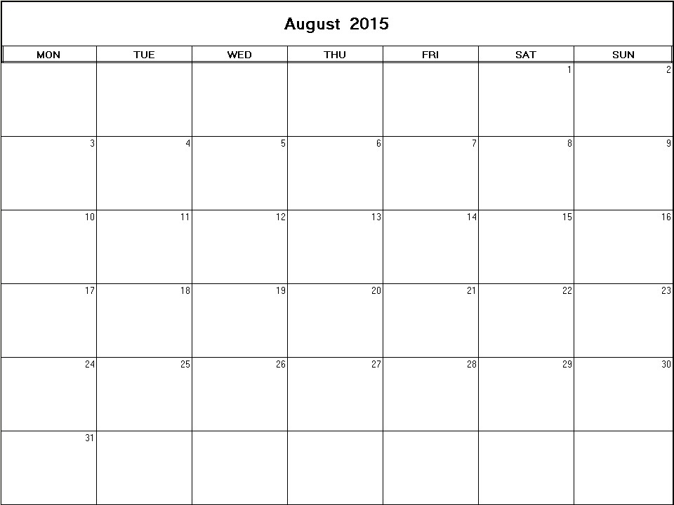 printable blank calendar image for August 2015