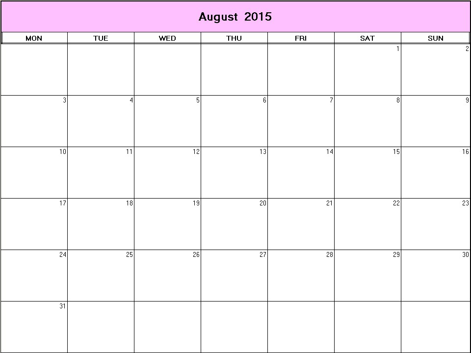 printable blank calendar image for August 2015