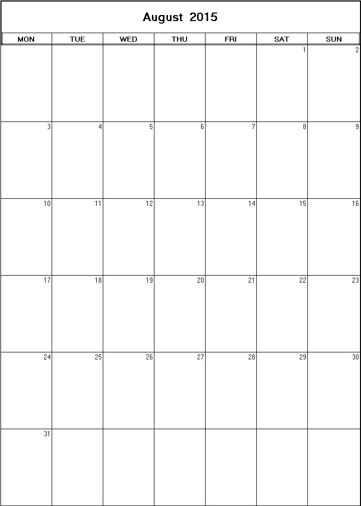 printable blank calendar image for August 2015