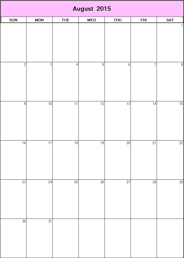 printable blank calendar image for August 2015