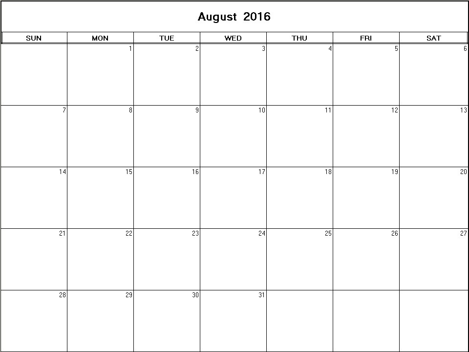 printable blank calendar image for August 2016