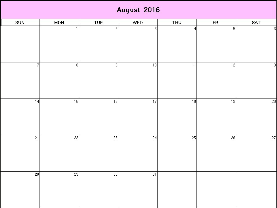 printable blank calendar image for August 2016