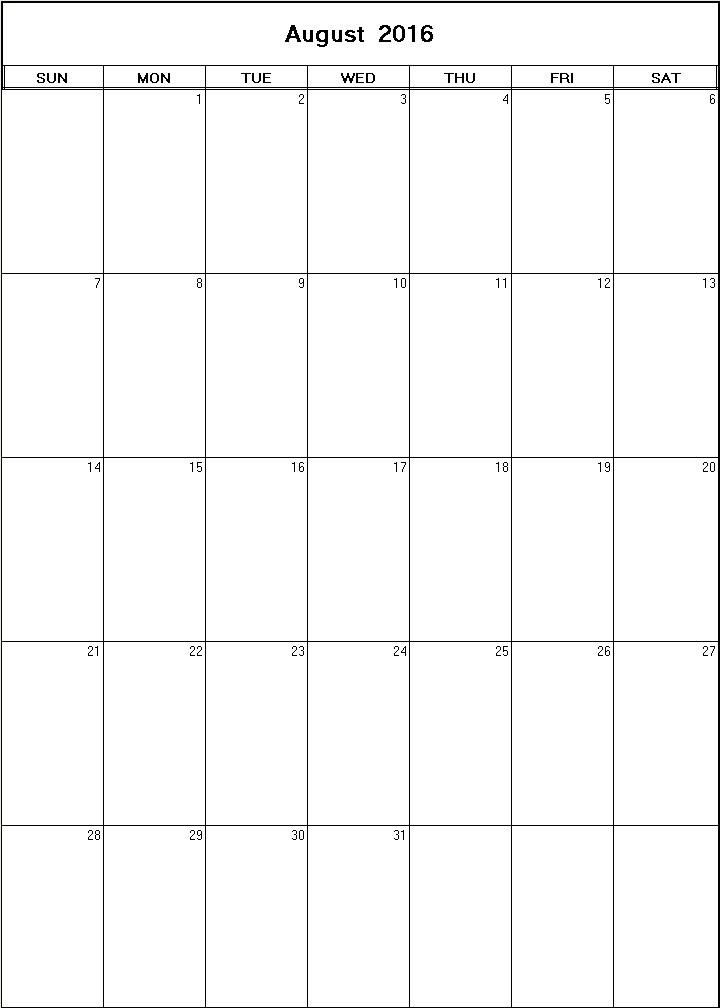 printable blank calendar image for August 2016