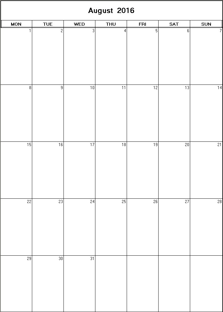 printable blank calendar image for August 2016