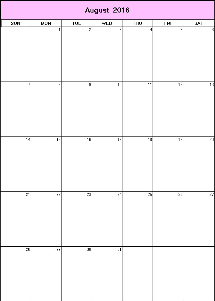 printable blank calendar image for August 2016