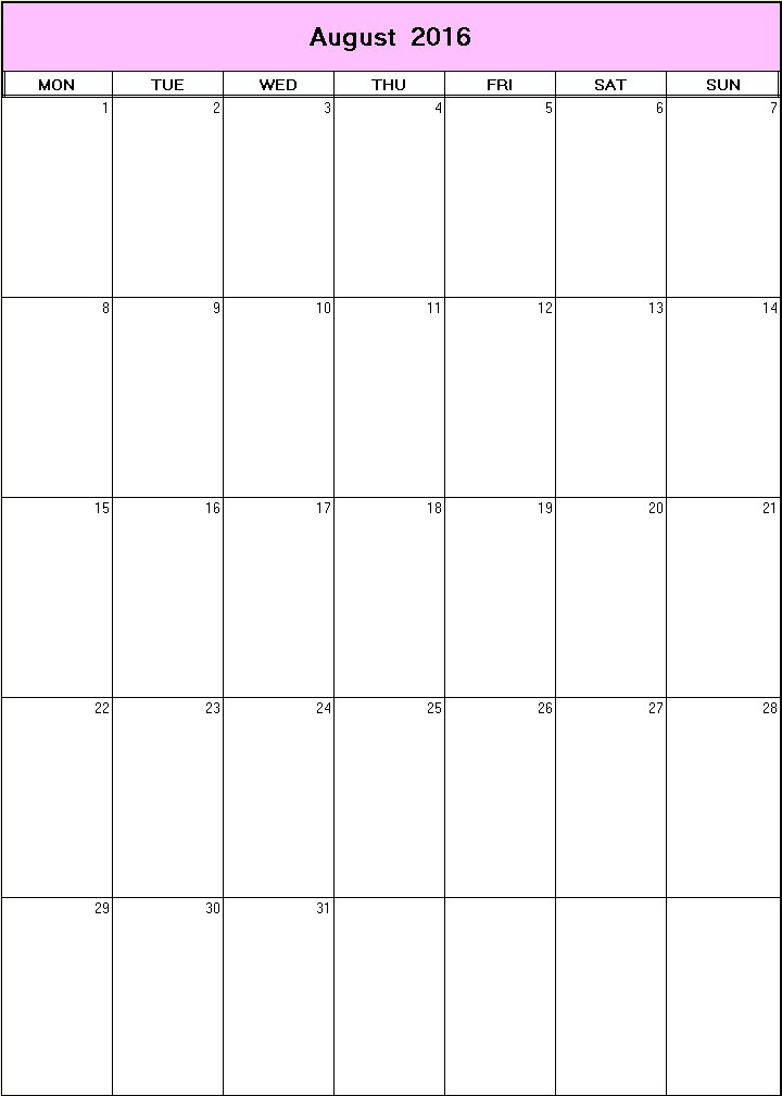 printable blank calendar image for August 2016