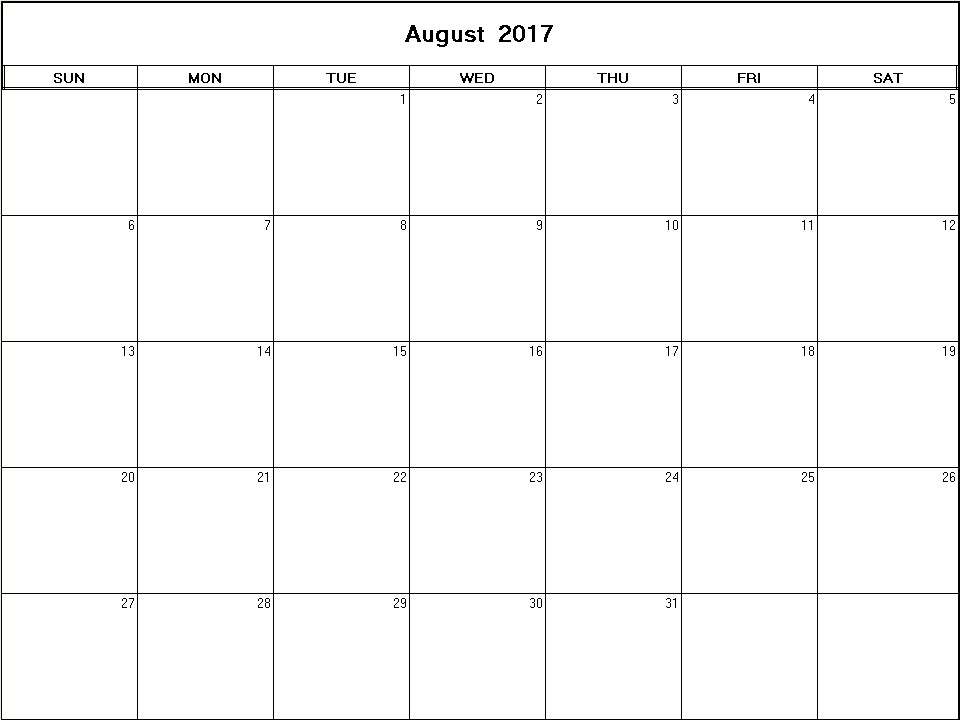 printable blank calendar image for August 2017