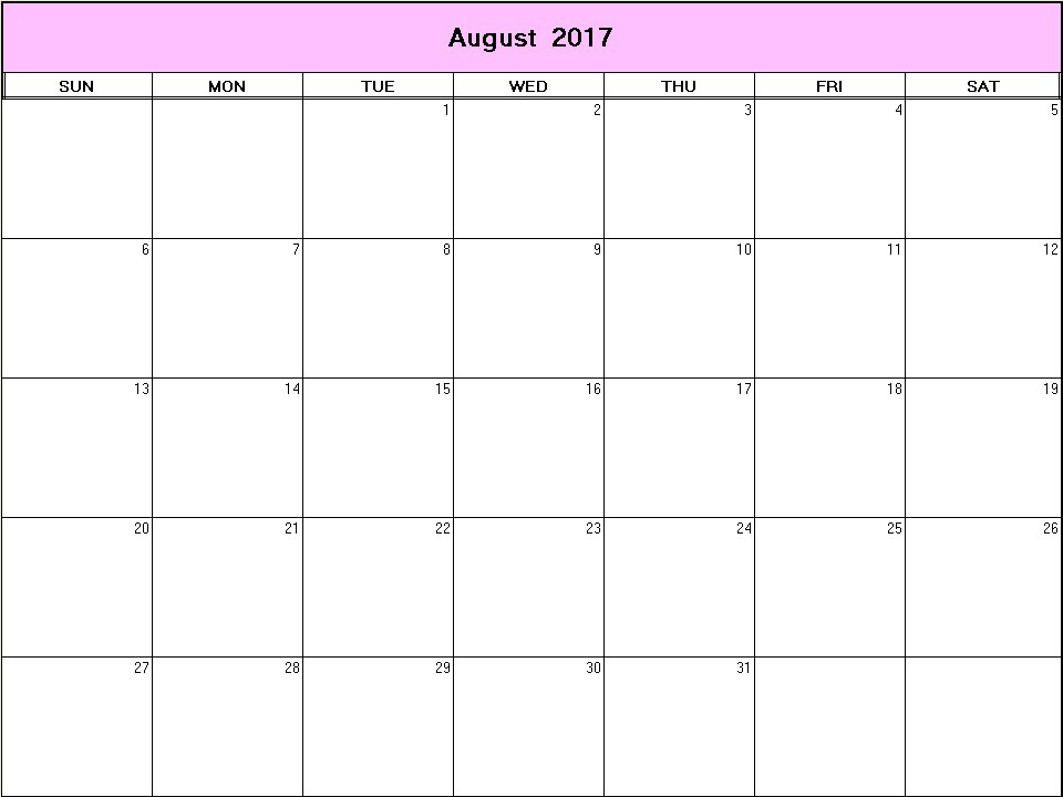 printable blank calendar image for August 2017